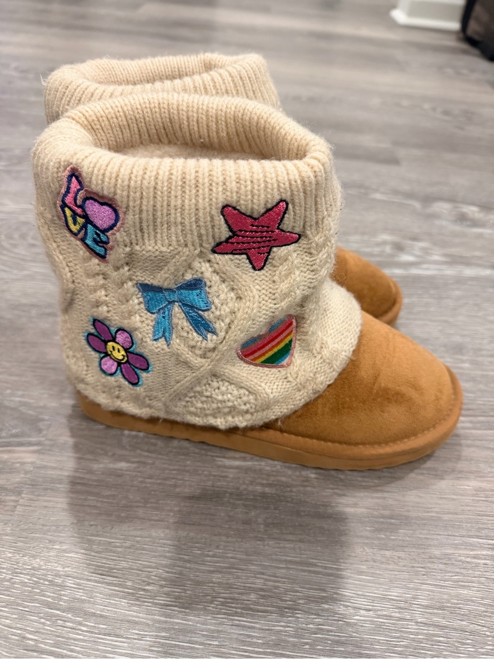 Steve Madden Kids Knit Patch Booties - Cream and Tan